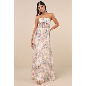 Lulus Stunning Element Cream Floral Mesh Ruffled Strapless Maxi Dress White
